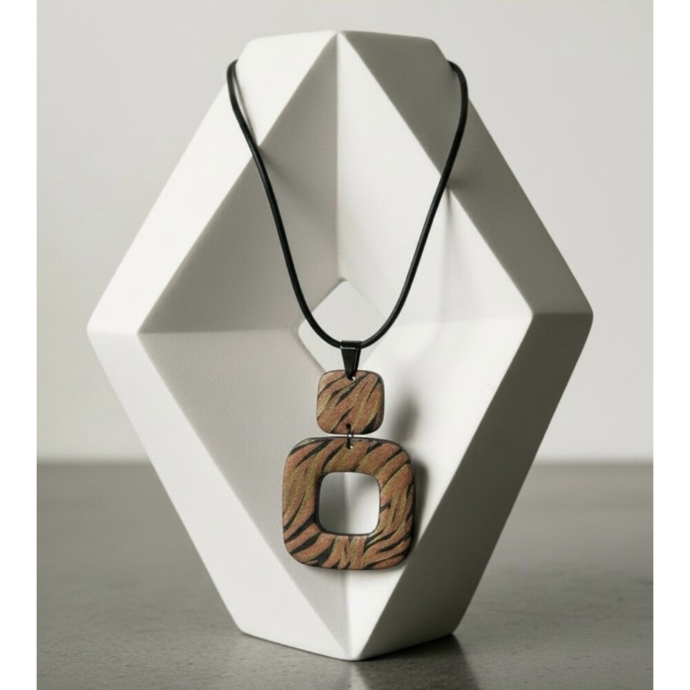 Polymer Clay Large Pendant Necklace Copper Gold Black Tiger Animal Print SS Clsp